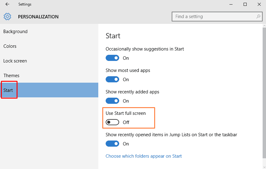 use start full screen option