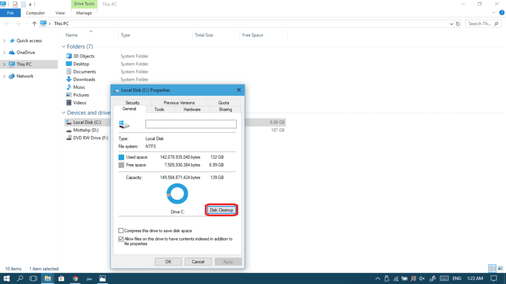 Disk cleanup button