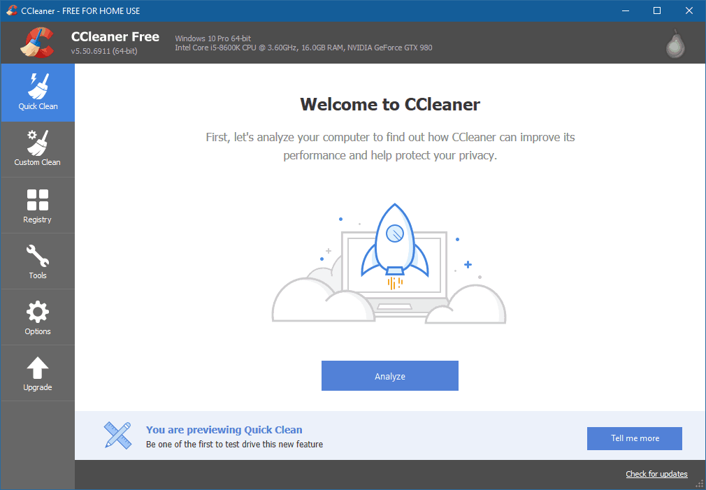 Windows CCleaner Application - Quick Clean for Temporary Files