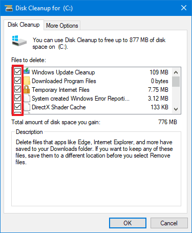 Disk Cleanup setting featuring Temporary Internet Files