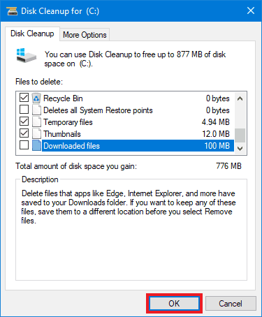 Disk Cleanup featuring Temporary Files and Downloaded Files