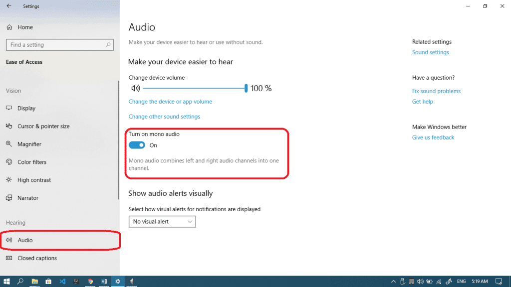 adjust audio balance in Windows from audio settins by turning on the mono audio